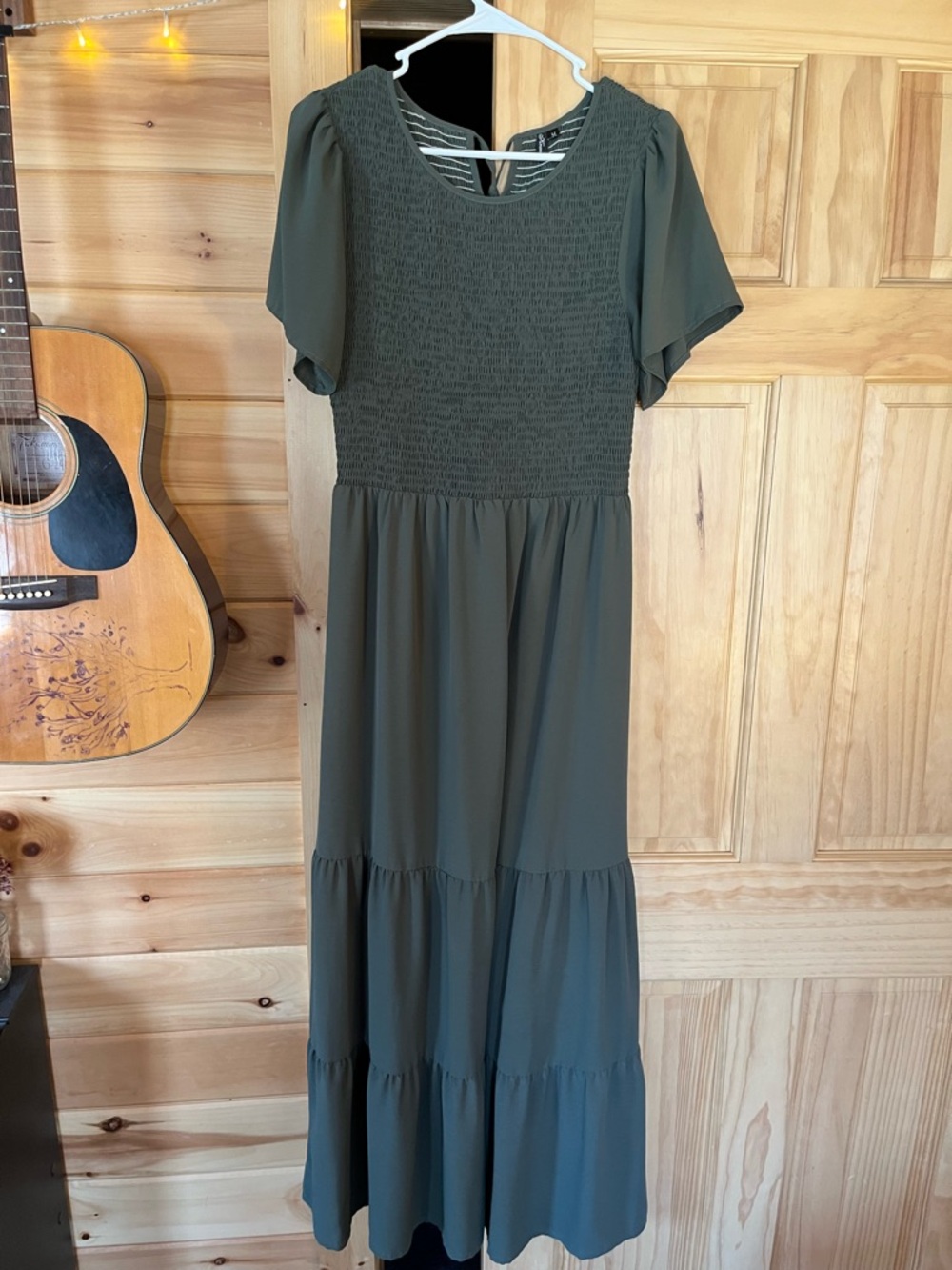 Olive Green Smocked Maxi Dress with Flutter Sleeves